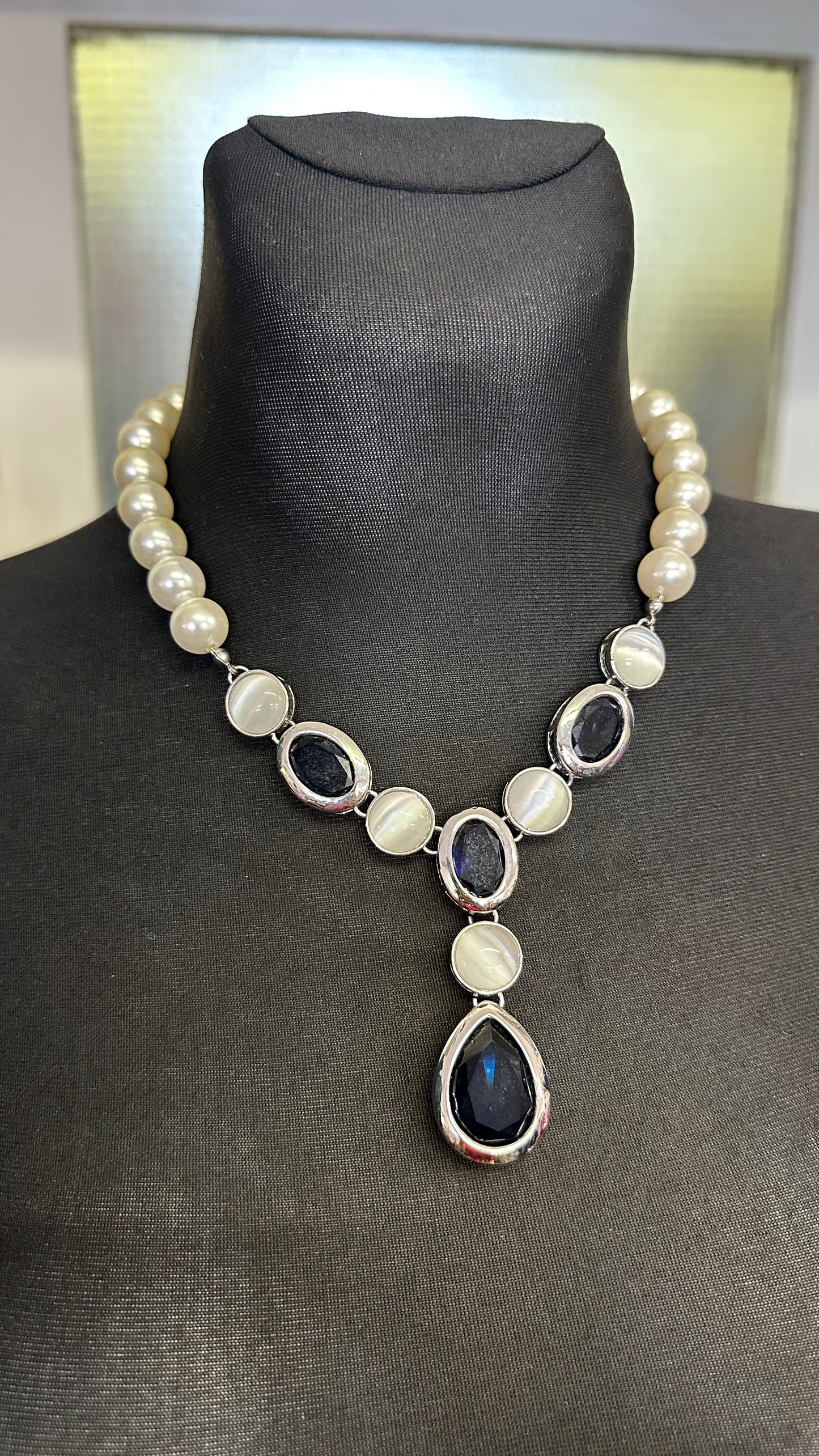 Navy and Pearl Drop Pendant Necklace