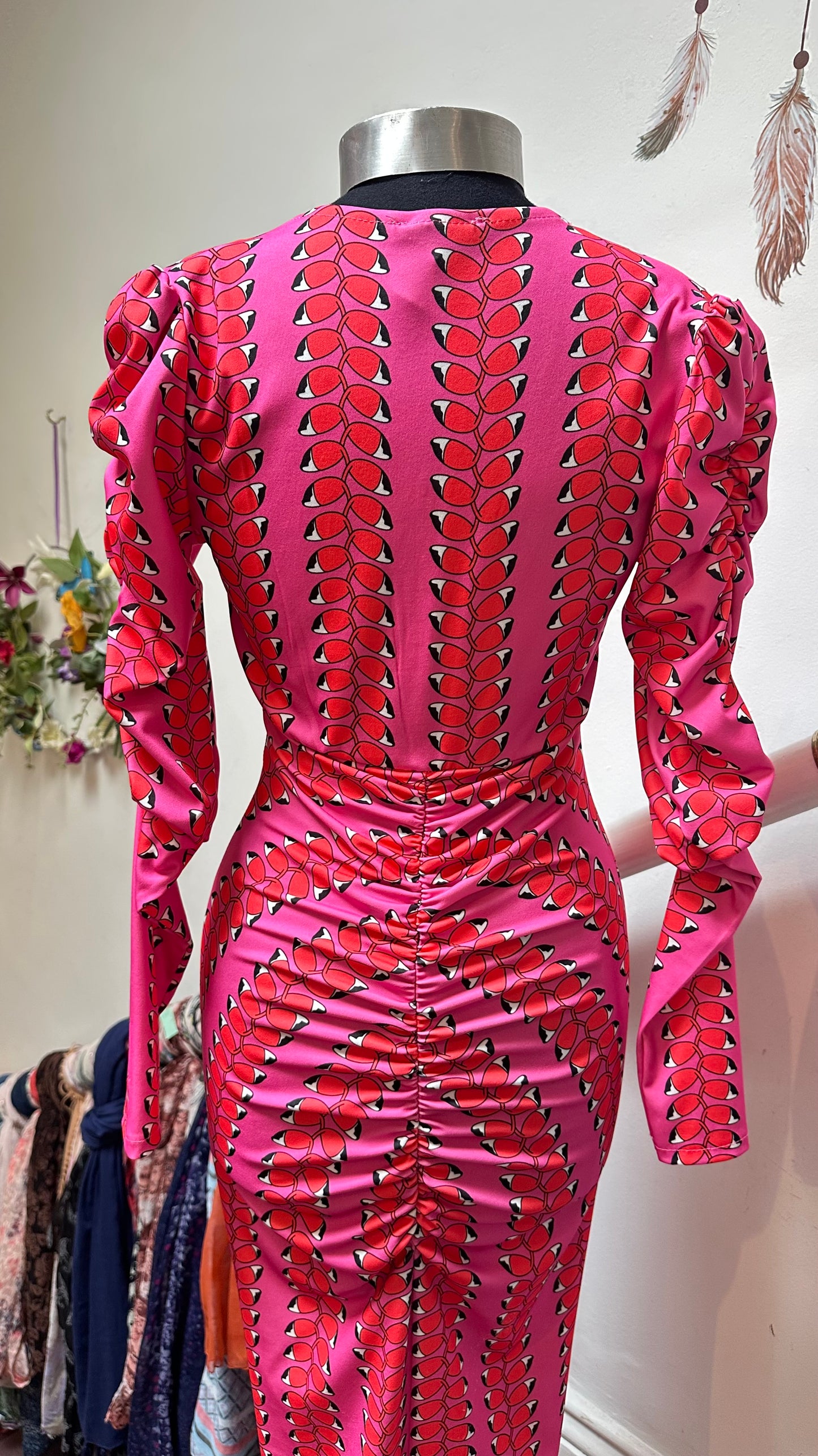Copper Rose Pink/Red Print Plunge Ruched Midi Dress Size S