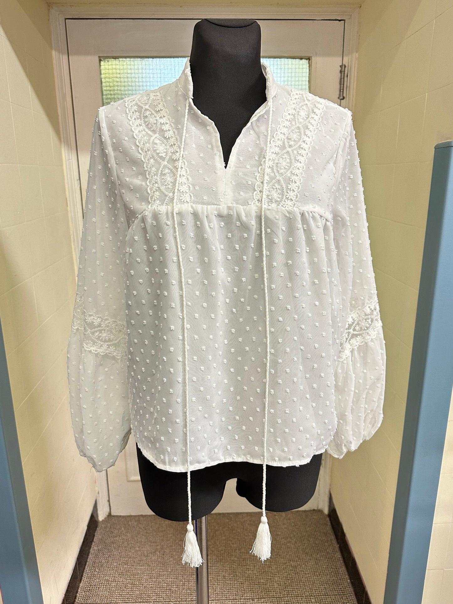 Shein White Tassle Blouse, Size XS