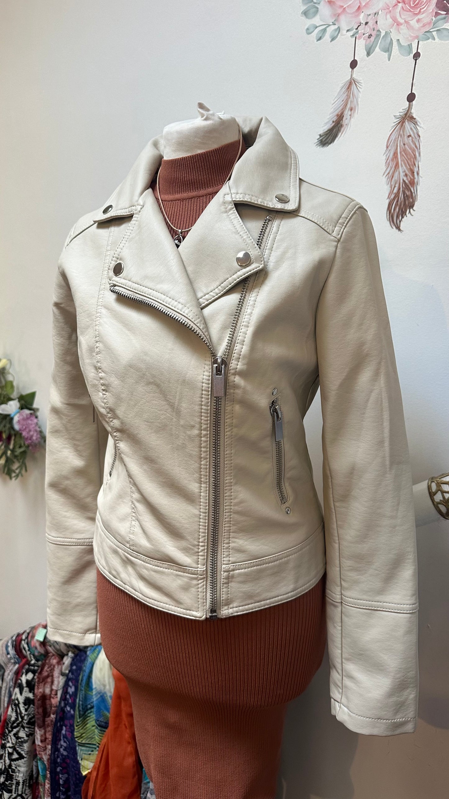 Dunnes Cream PU Biker Jacket Size 10
