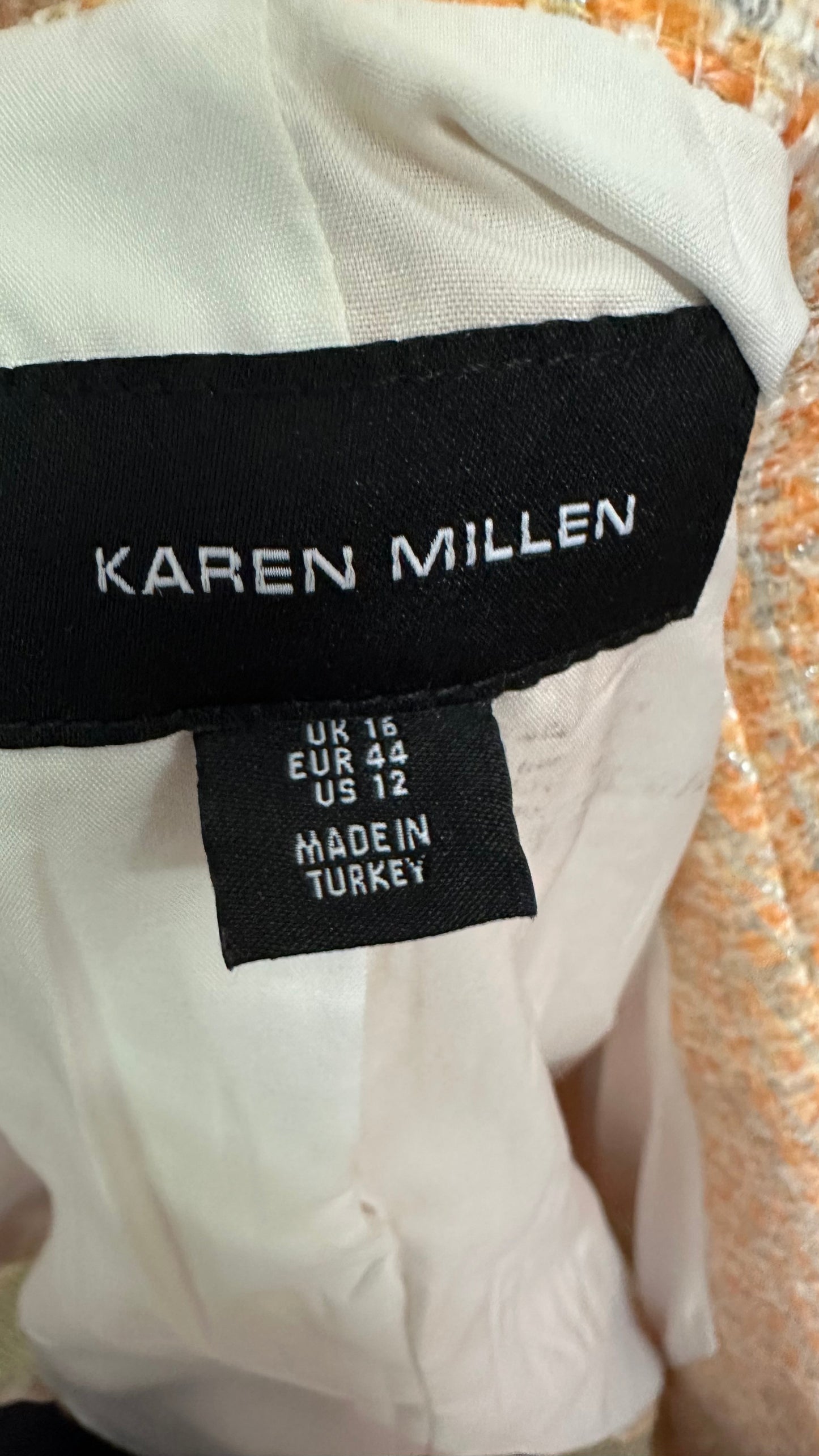 Designer Karen Millen 2 Piece Apricot Suit Jacket Size 16 but small fitting, Skirt Size 14 (best fit Size M/L)