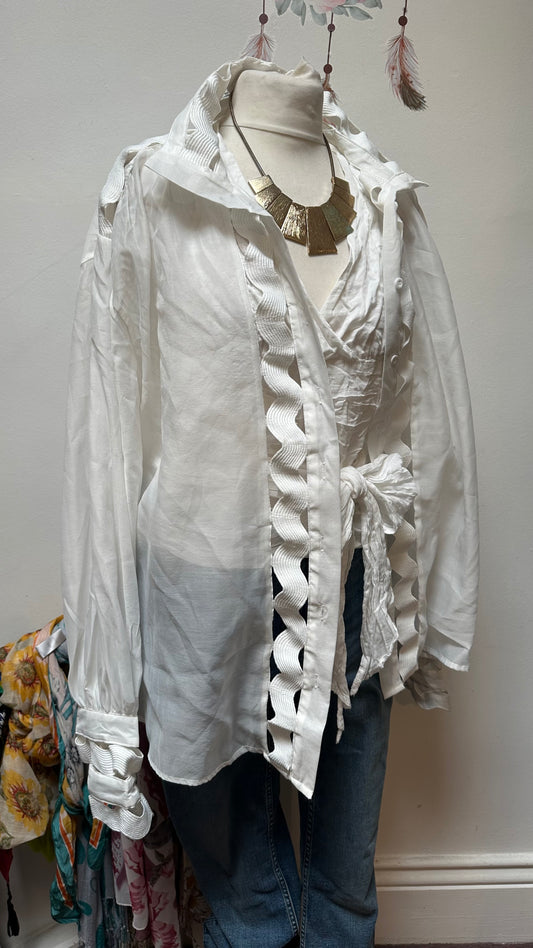 Eccentric White Semi-Sheer Blouse with Zip Cuffs Size L