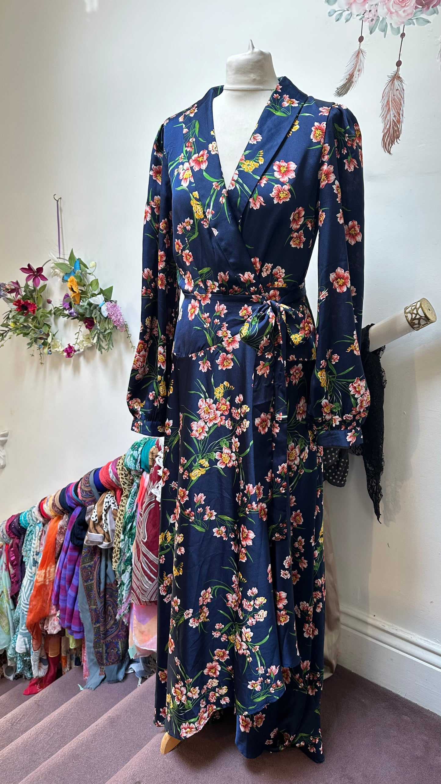 Boohoo Navy Floral Maxi Wrap Dress Size 12