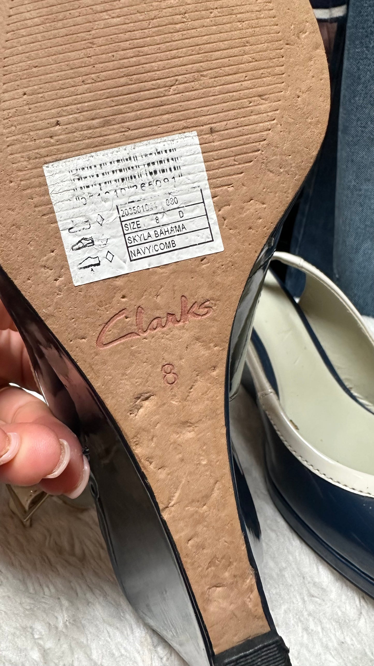 Clark’s Navy Patent Peeptoes Size 8