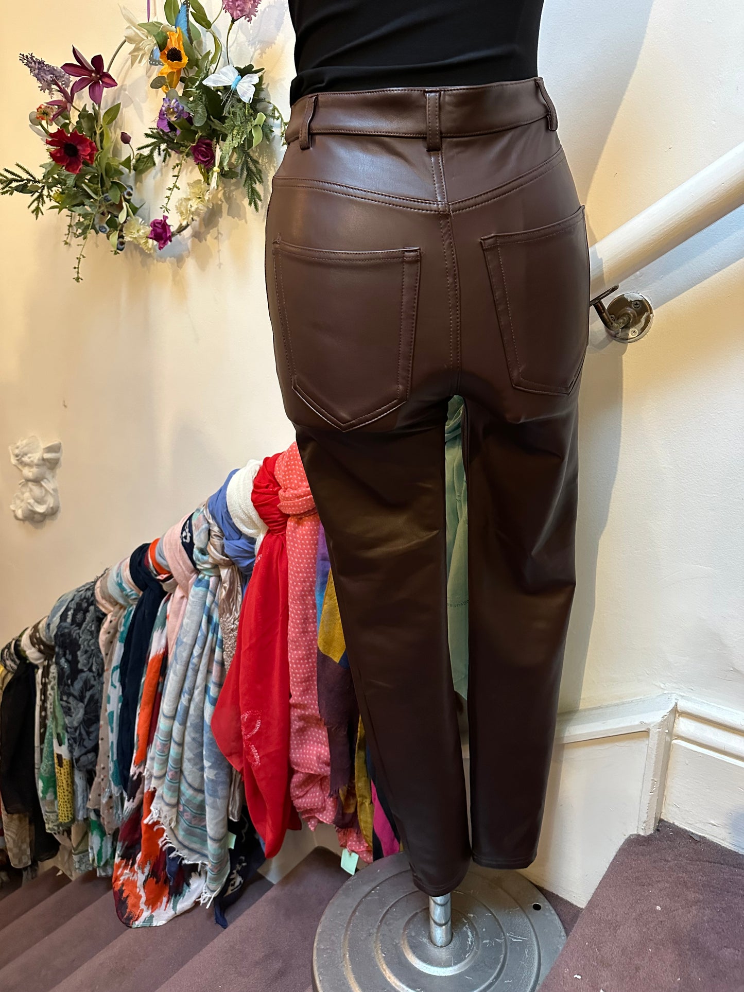 Pull & Bear Burgundy/Chocolate PU Leather Trousers Size 8