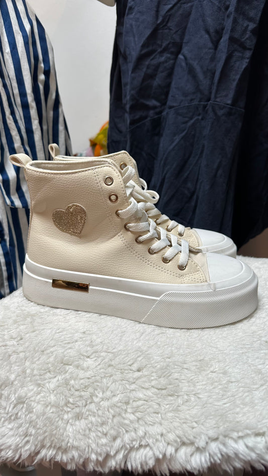 Cream Heart High Top Trainers Size 6.5