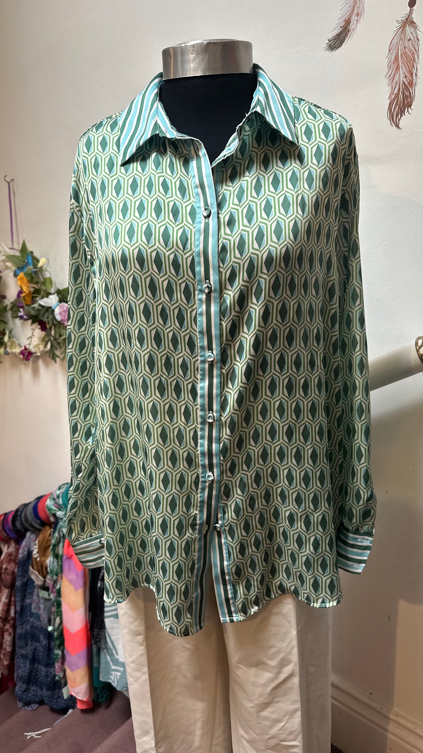 Gallery Elegant Duck Egg Pattern Blouse Size 12