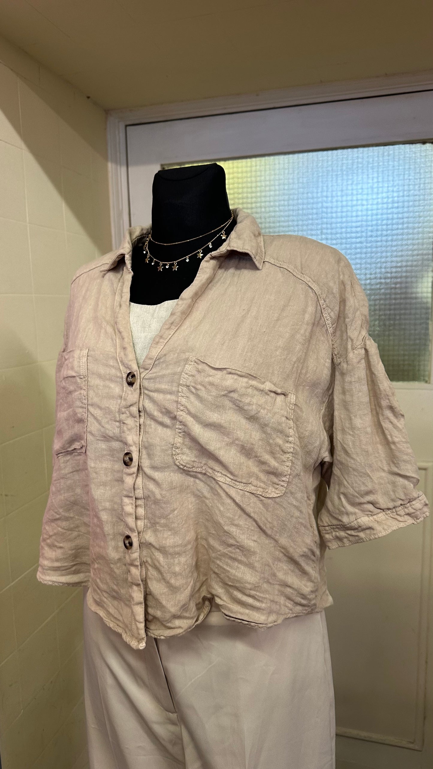 Zara 100% Linen Crop Shirt Size L