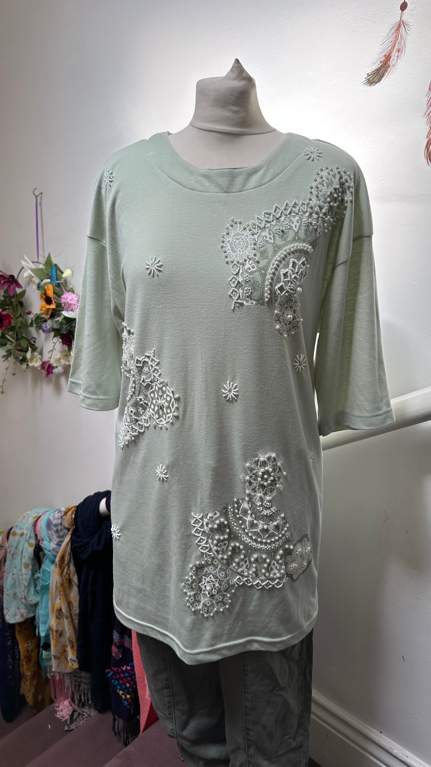Casanova Sage Green Top with Beading and Shoulder Pads Best Fit Size M/L