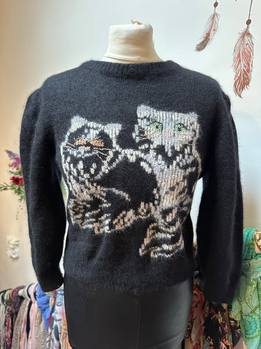 Super Cute Embroidered Cat Jumper No Tags but guessing Wool/Cashmere/Angora mix Best Fit Size S