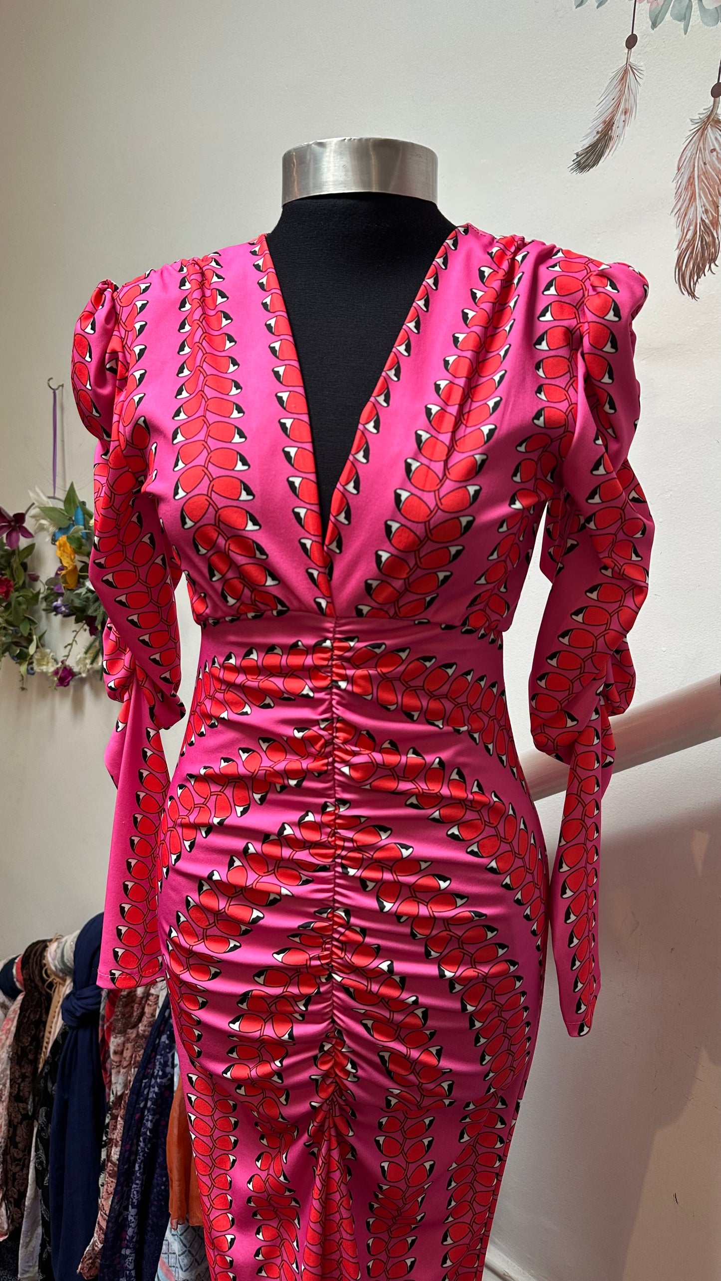 Copper Rose Pink/Red Print Plunge Ruched Midi Dress Size S