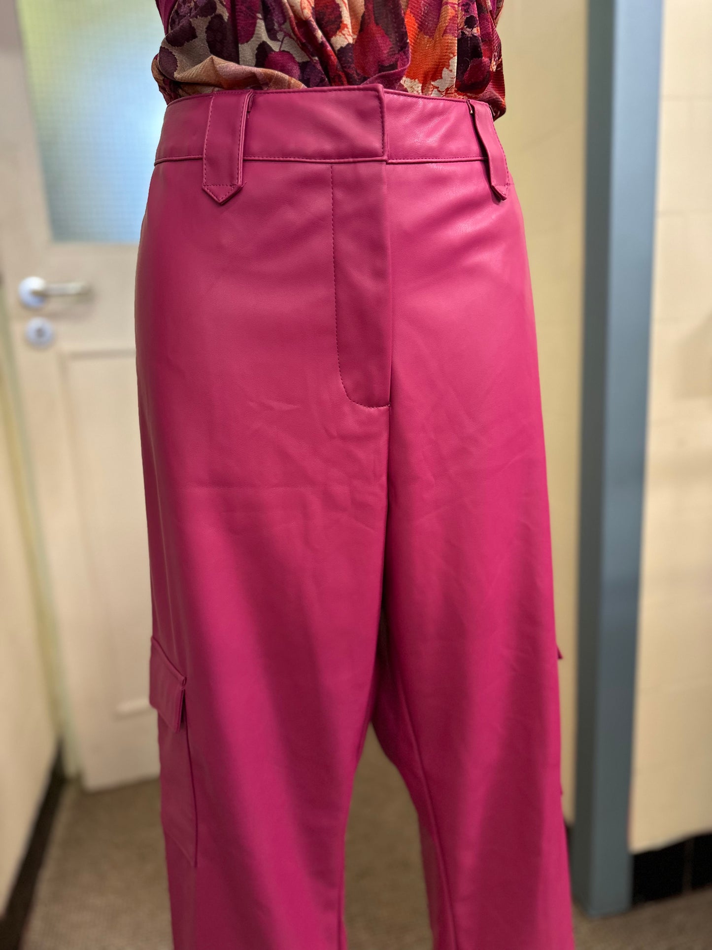 Primark Pink PU Leather Trousers, Size 18, button missing but closes fine