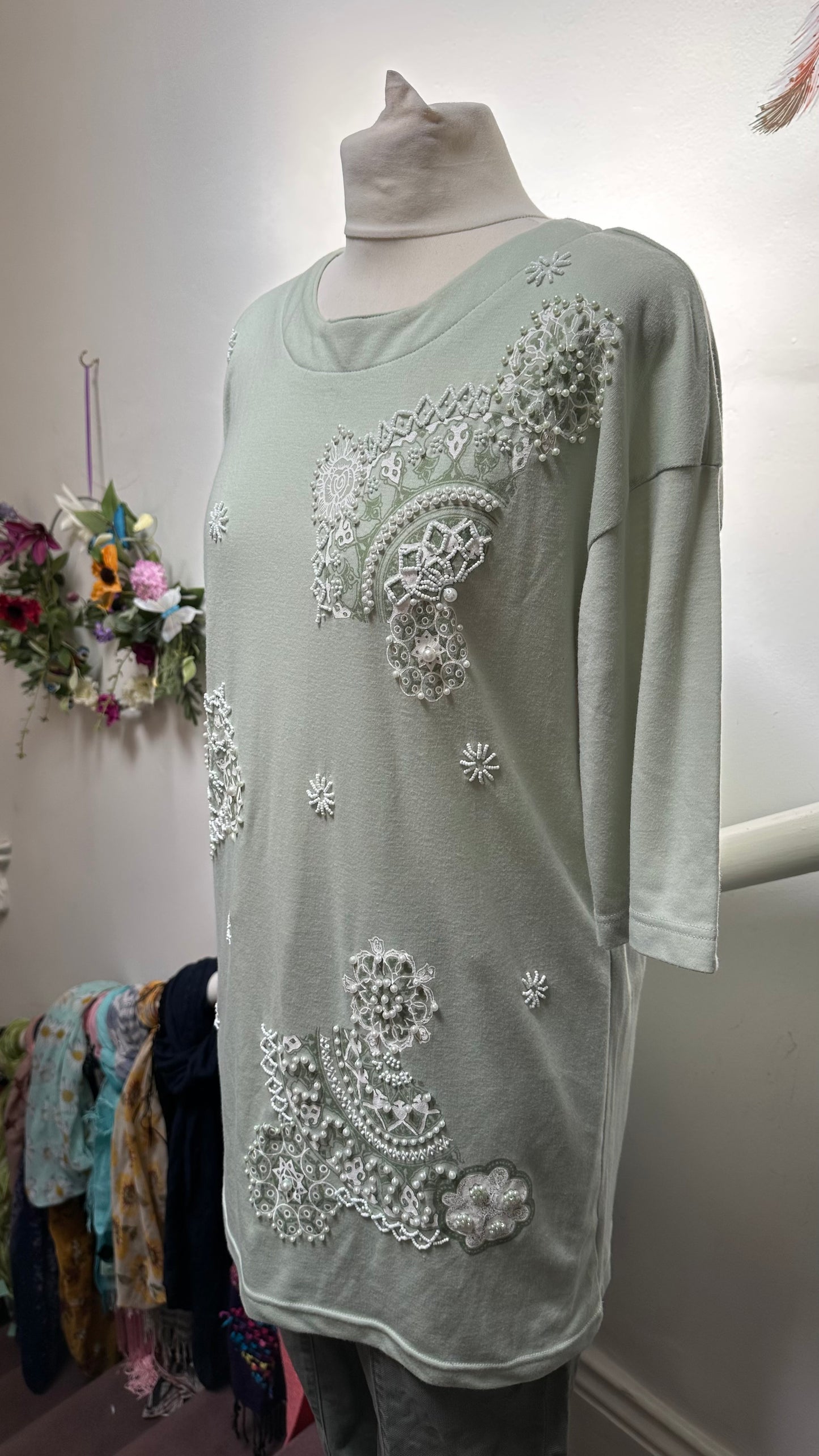 Casanova Sage Green Top with Beading and Shoulder Pads Best Fit Size M/L