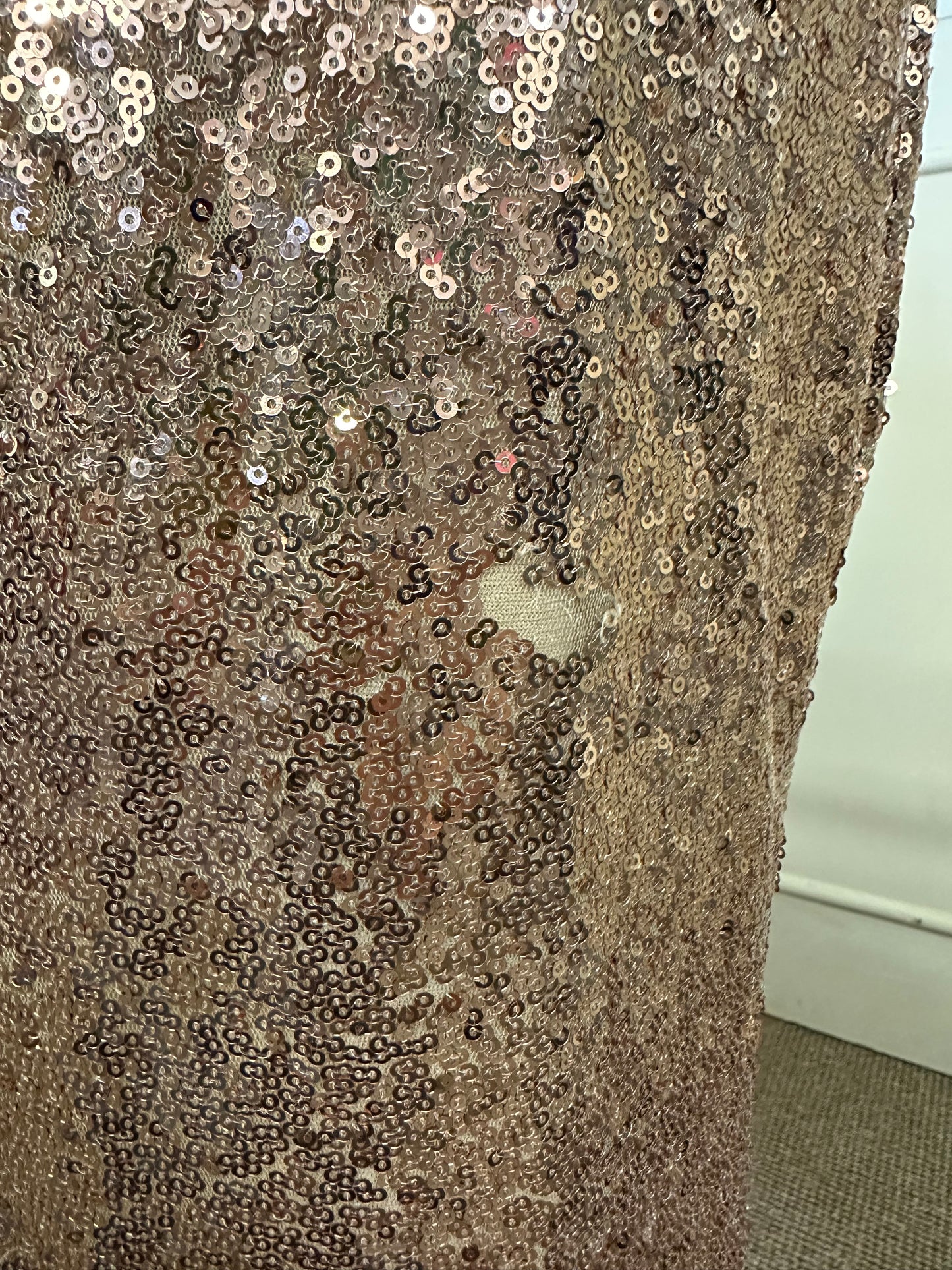 Rose Gold Sequin Occasion Wear Dress Size 12 (small patch of sequins missing, see photo)