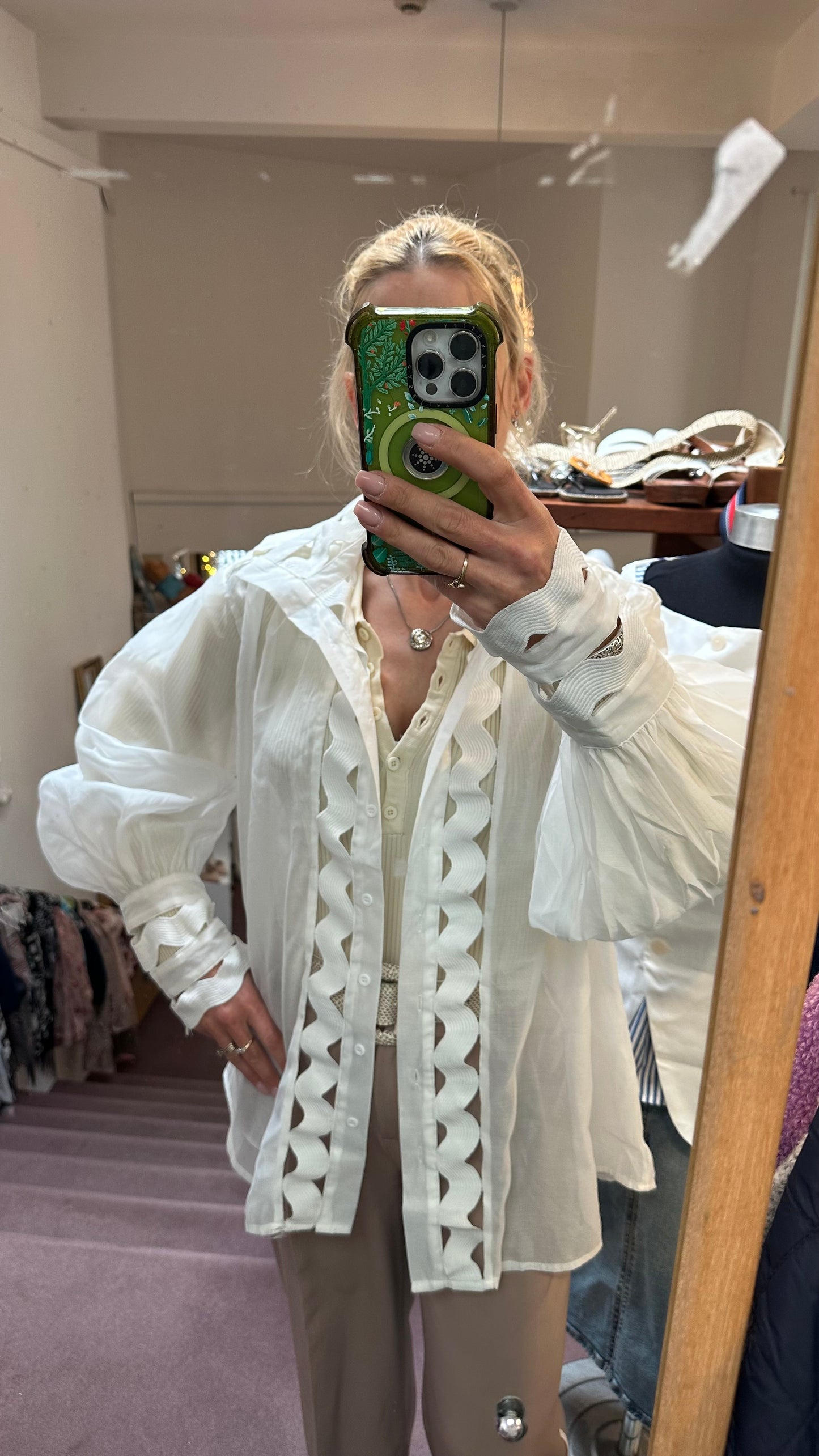 Eccentric White Semi-Sheer Blouse with Zip Cuffs Size L