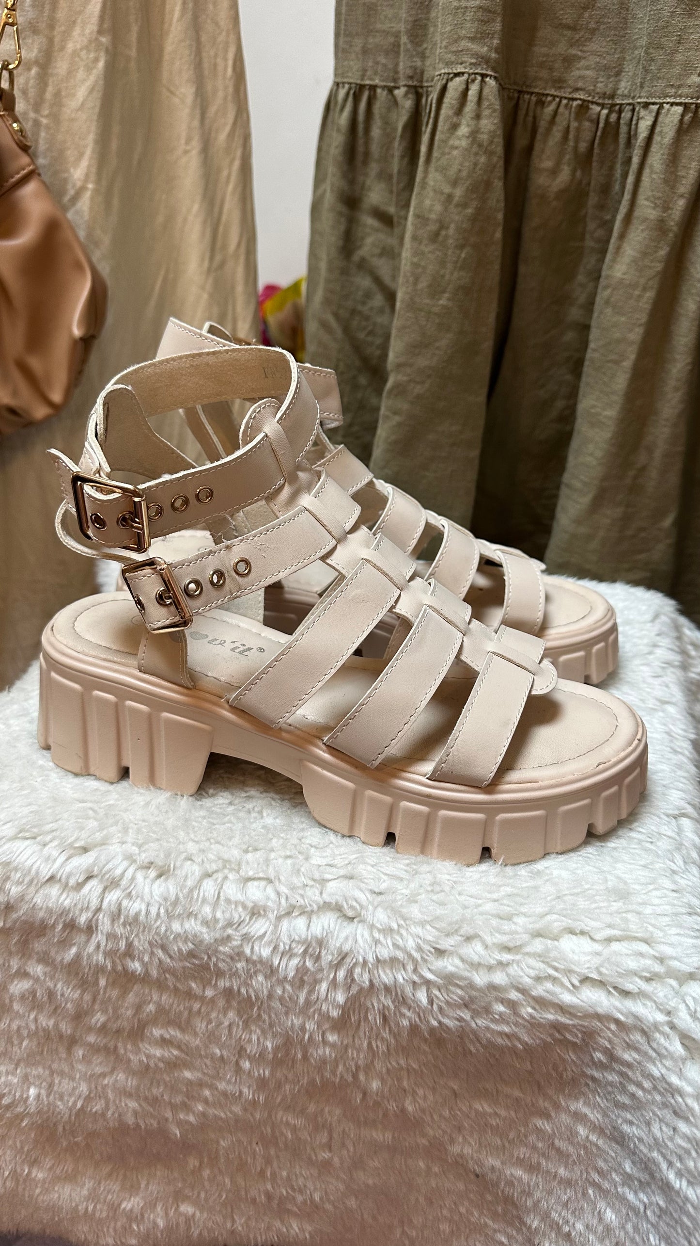 Cream Gladiator Chunky Sandals Size 5