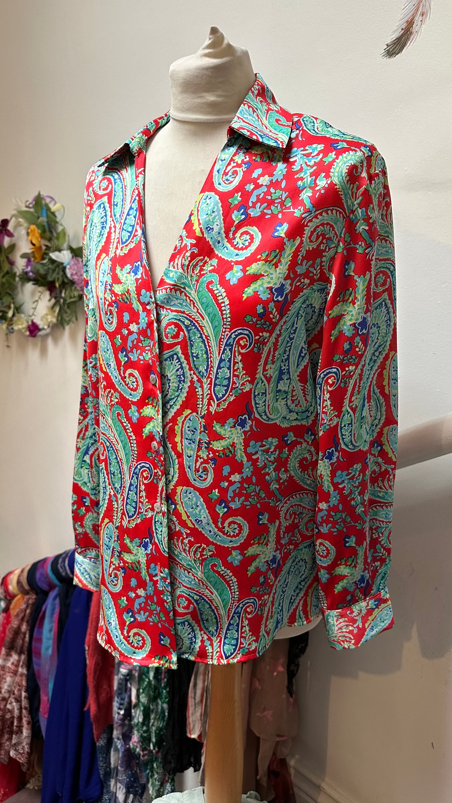 Dunnes Red/Turquoise Paisley Satin Blouse Oversized XS (will fit Size 10)