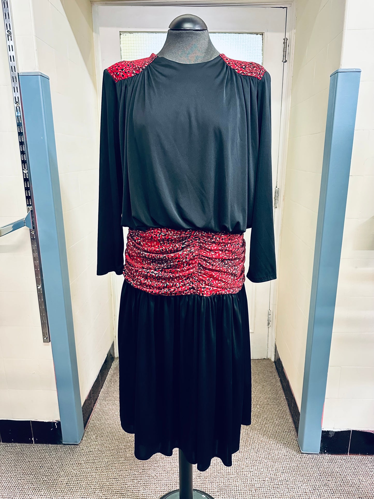 Vintage Black & Red Dress, Size 14 but small fitting, with shoulder pads