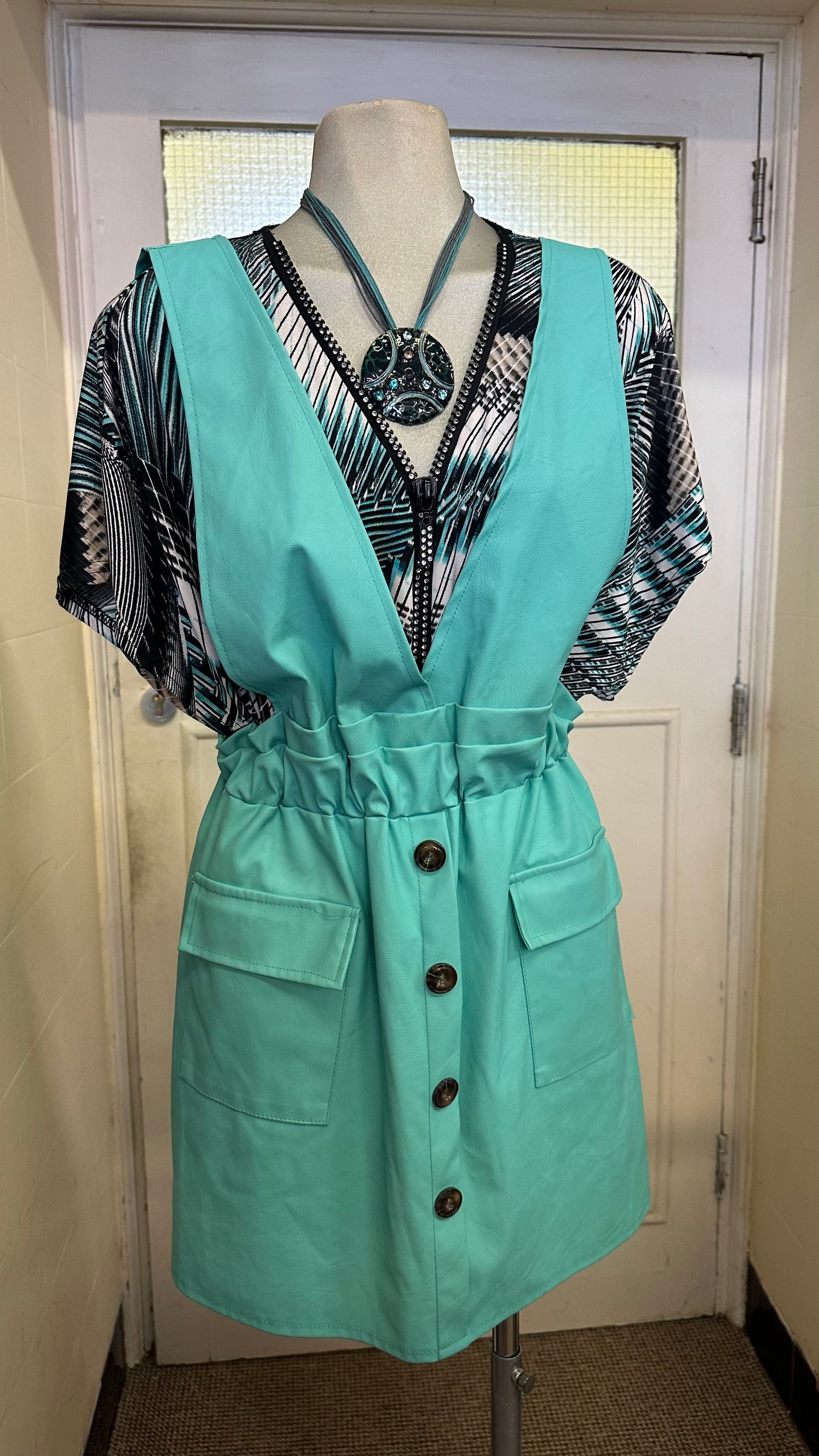 Turquoise PU Leather Pinafore Size S