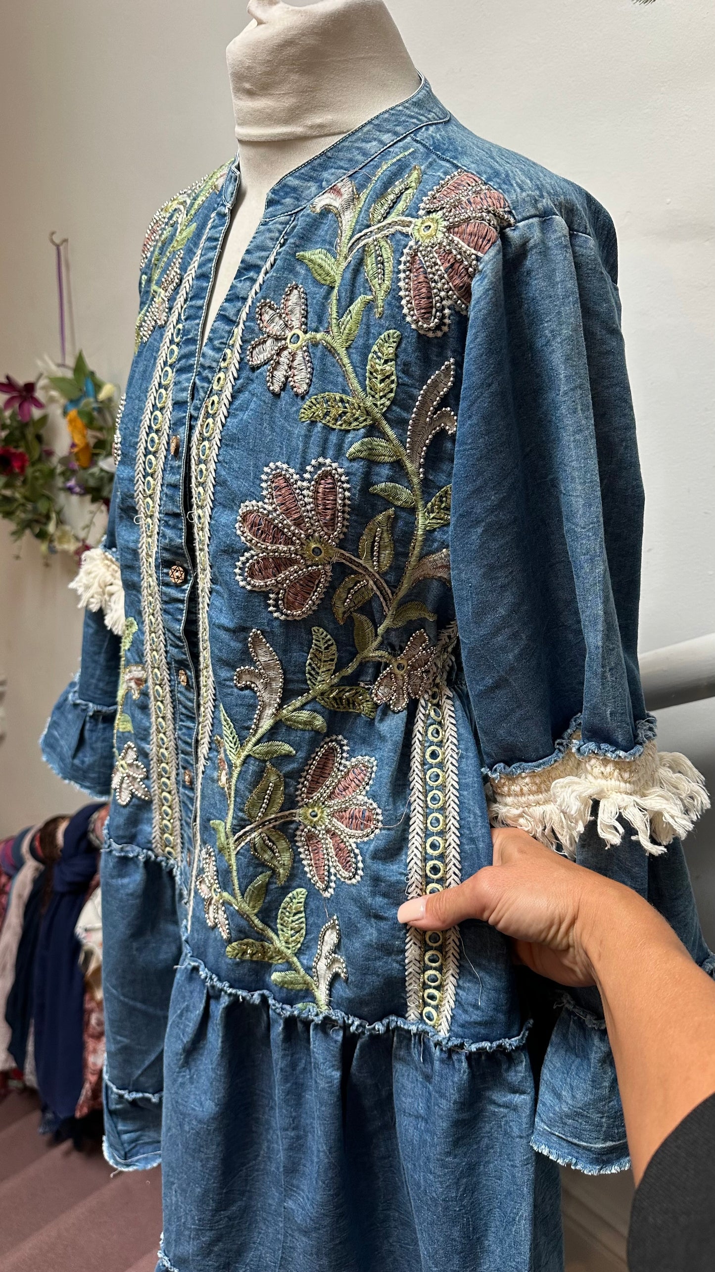 Stunning Handmade by Siya Denim Embroidered Tunic Dress 100% CottonBest Fit Size 10 (slit at front but could be sewn closed to be worn as dress)