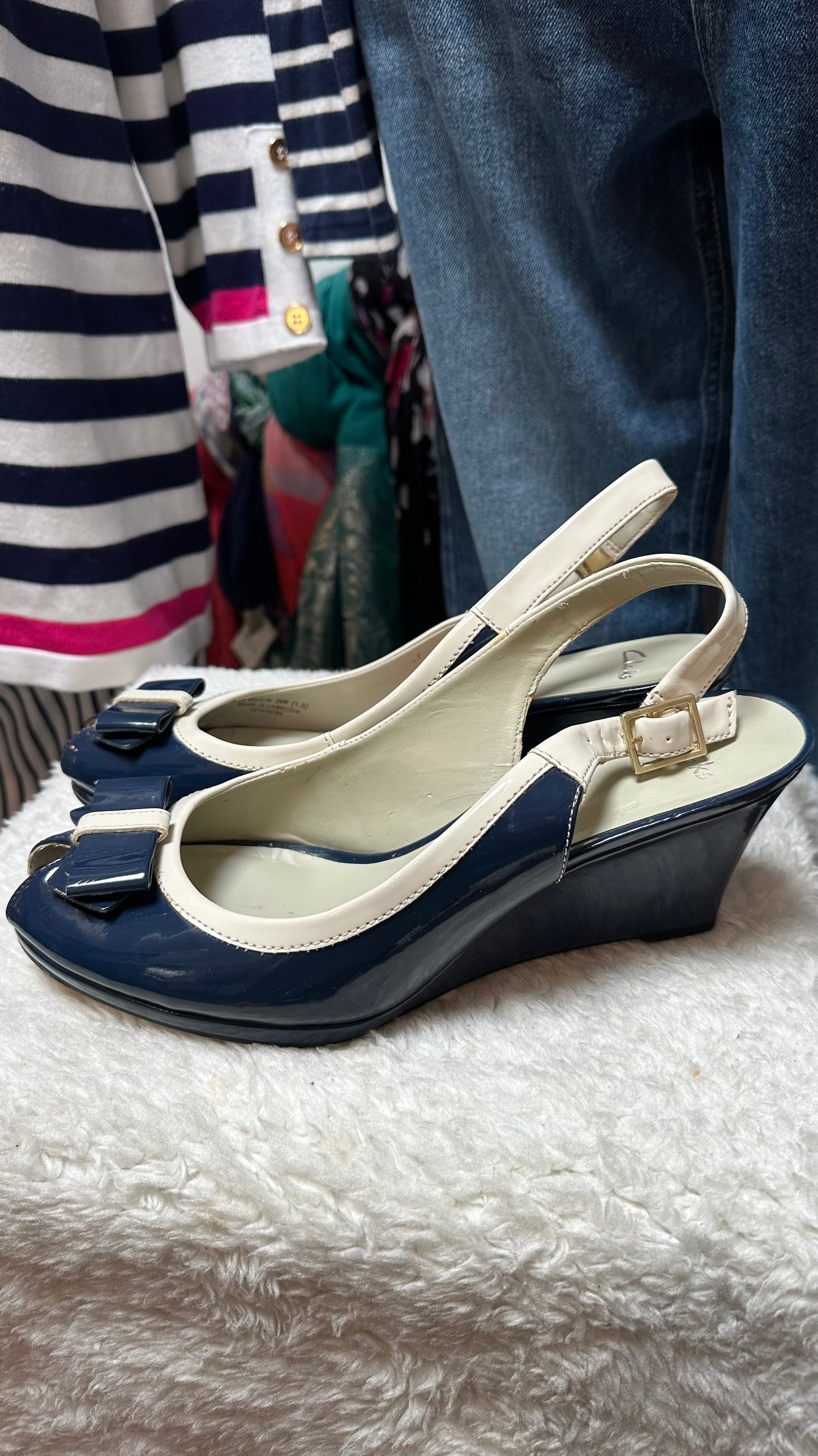 Clark’s Navy Patent Peeptoes Size 8