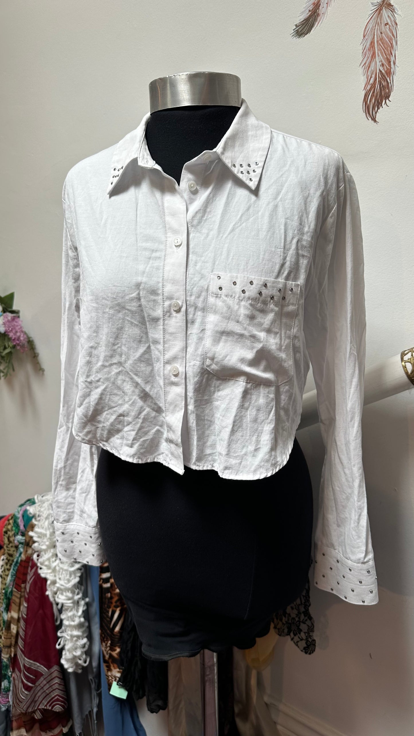 Primark White Cropped Blouse with Stud Detailing Size M