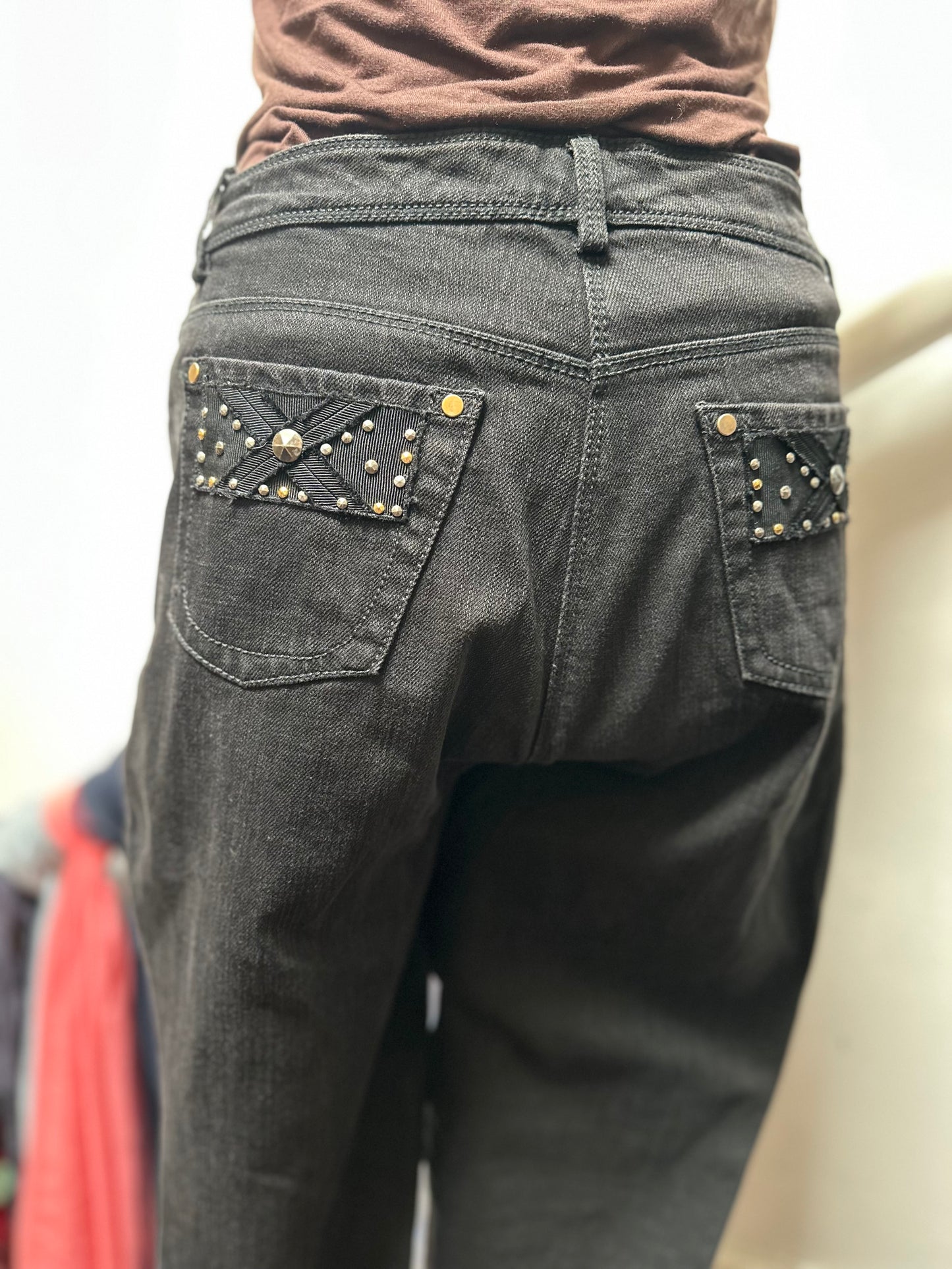 Designer Giorgio Grati Studded Denim Suit Best Fit Size 12 (1 Belt Loop needs a stitch)