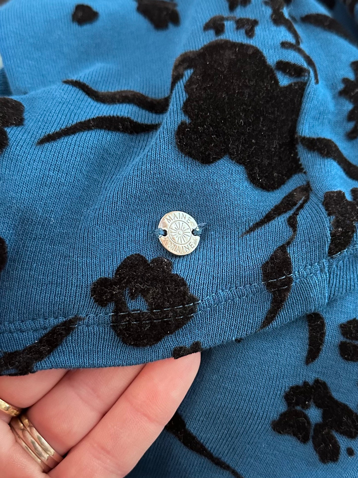 Maine Blue Top with Black Velvet Flowers, Size 20