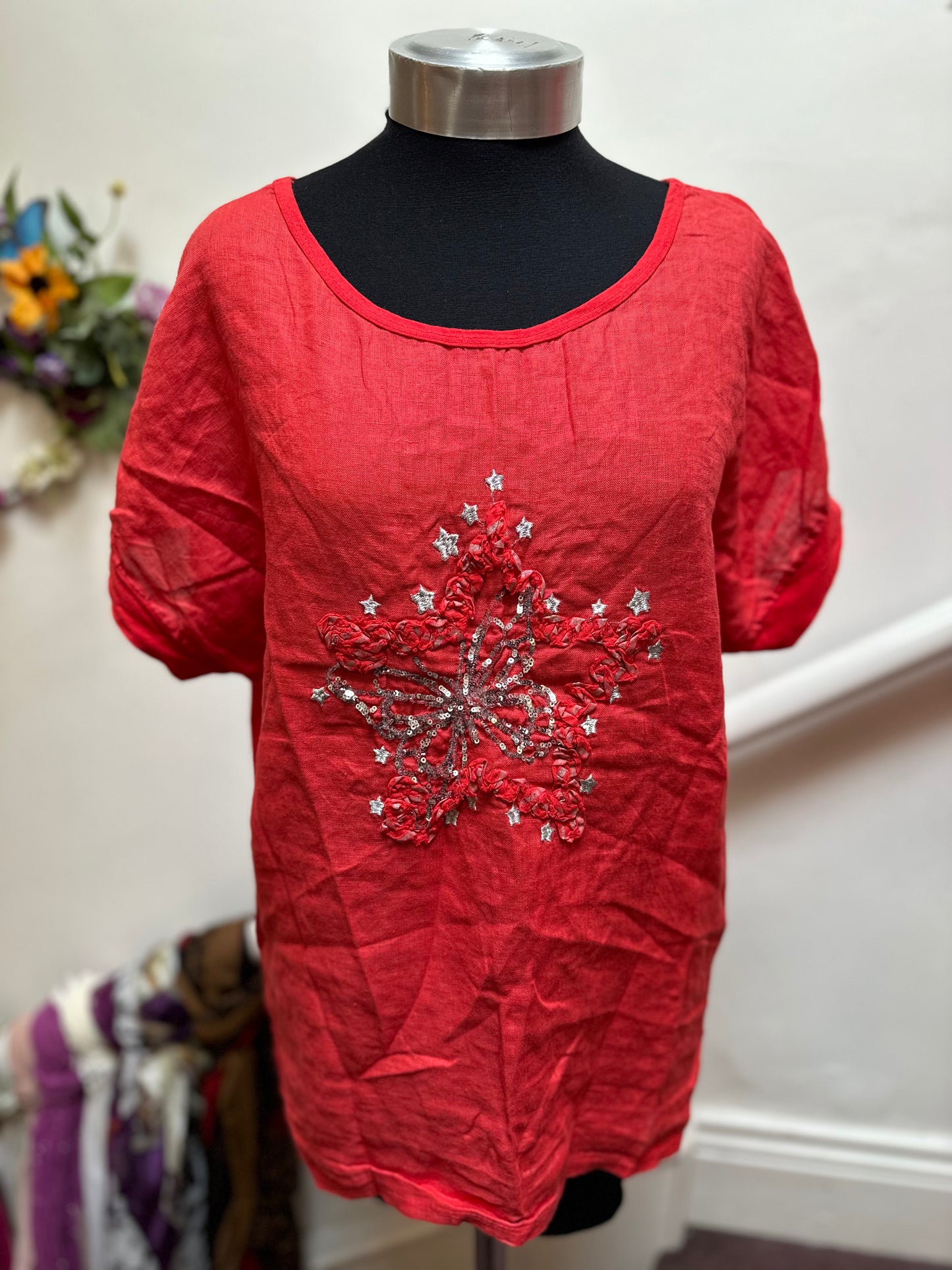 Made in Italy Linen & Cotton Red Star Top Best fit Size 18