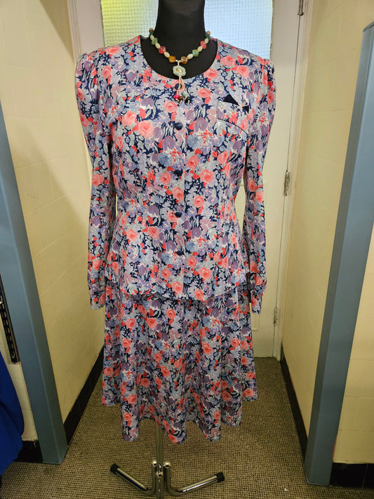 Vintage, flower print set, skirt+jacket, size M